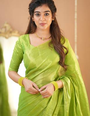 pista green handloom tissue saree with designer blouse 4