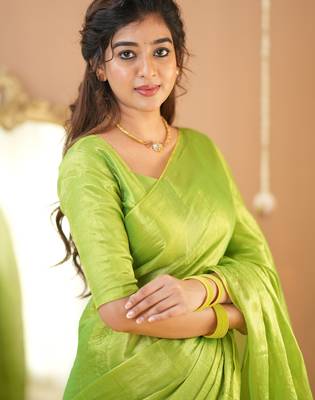 pista green handloom tissue saree with designer blouse 5