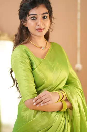 pista green handloom tissue saree with designer blouse