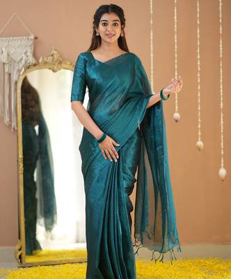 teal green handloom tissue saree with designer blouse 1