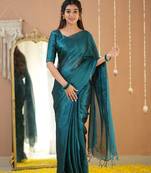 teal green handloom tissue saree with designer blouse