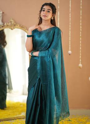 teal green handloom tissue saree with designer blouse 4