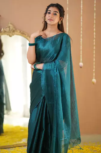 teal green handloom tissue saree with designer blouse