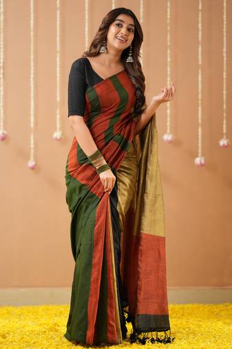 green handloom cotton saree with designer blouse