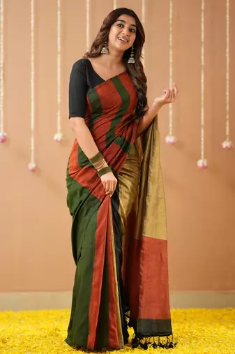 green handloom cotton saree with designer blouse