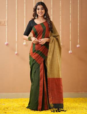 green handloom cotton saree with designer blouse 3