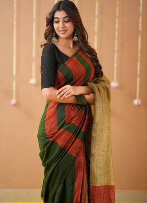 green handloom cotton saree with designer blouse 4
