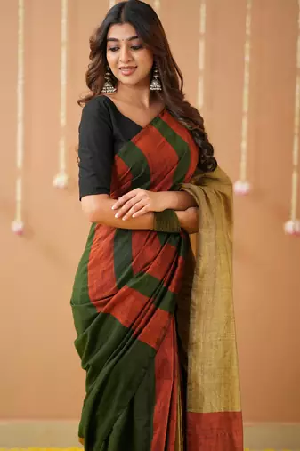green handloom cotton saree with designer blouse