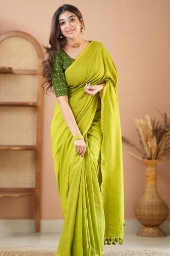 green handloom cotton saree with designer blouse