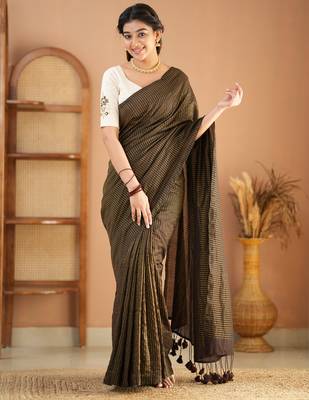 brown stripe cotton saree designer work blouse 1
