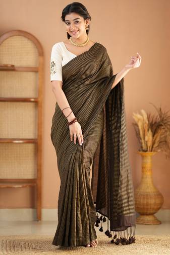 brown stripe cotton saree designer work blouse