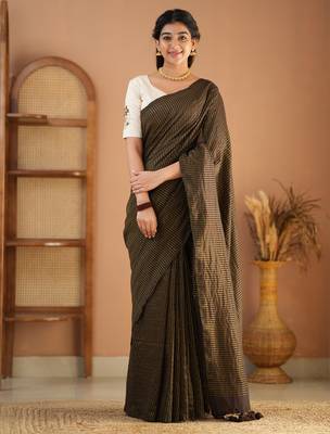 brown stripe cotton saree designer work blouse 3