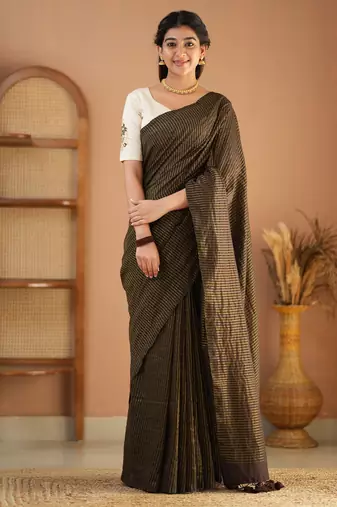 brown stripe cotton saree designer work blouse