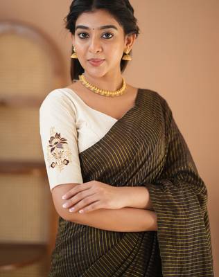 brown stripe cotton saree designer work blouse 4