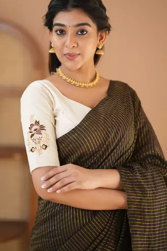 brown stripe cotton saree designer work blouse