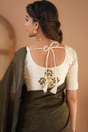 brown stripe cotton saree designer work blouse