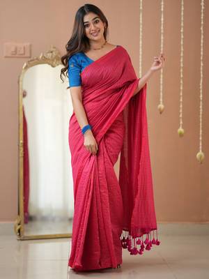 pink stripe cotton saree designer work blouse 1