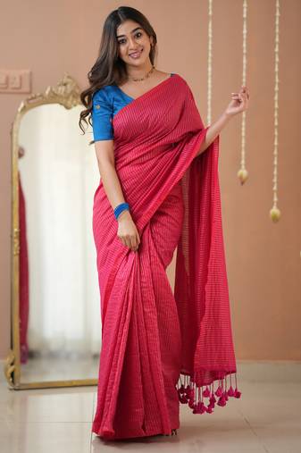 pink stripe cotton saree designer work blouse