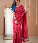 pink stripe cotton saree designer work blouse