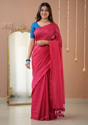 pink stripe cotton saree designer work blouse 3