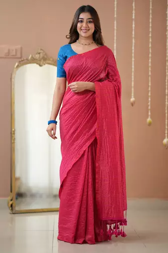 pink stripe cotton saree designer work blouse