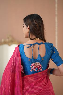 pink stripe cotton saree designer work blouse 6