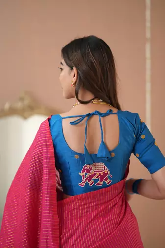pink stripe cotton saree designer work blouse