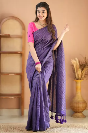 violet stripe cotton saree designer work blouse