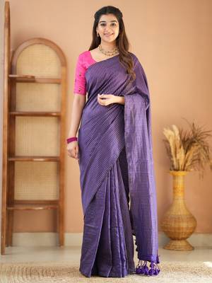 violet stripe cotton saree designer work blouse 3