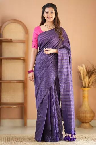 violet stripe cotton saree designer work blouse