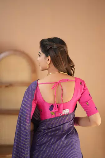 violet stripe cotton saree designer work blouse