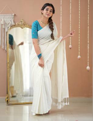 white stripe cotton saree designer work blouse 1