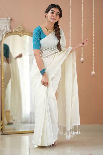 white stripe cotton saree designer work blouse