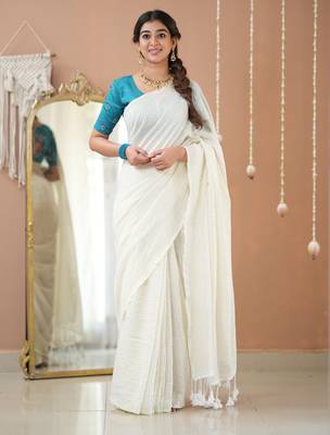 white stripe cotton saree designer work blouse 3