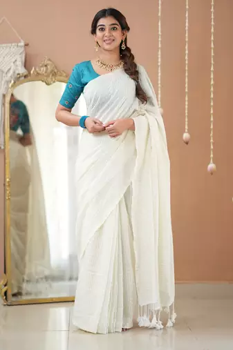 white stripe cotton saree designer work blouse