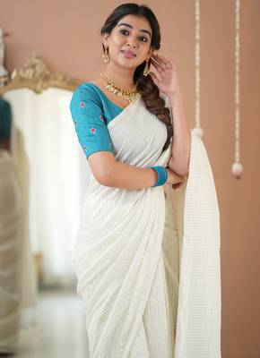 white stripe cotton saree designer work blouse 4