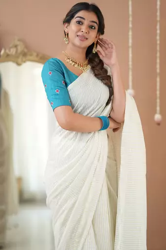 white stripe cotton saree designer work blouse