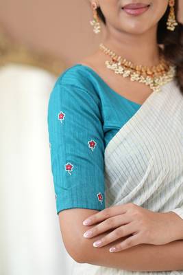 white stripe cotton saree designer work blouse 5