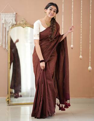 wine stripe cotton saree designer work blouse 1