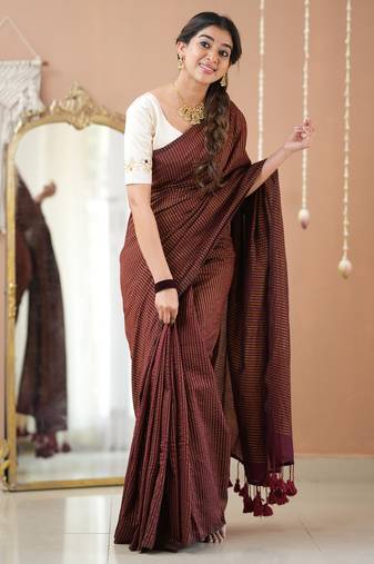 wine stripe cotton saree designer work blouse