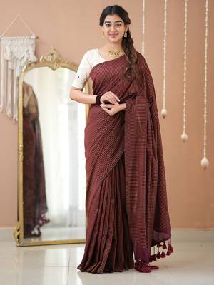 wine stripe cotton saree designer work blouse 3