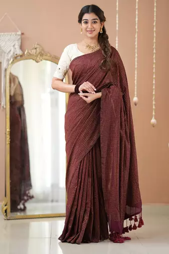 wine stripe cotton saree designer work blouse