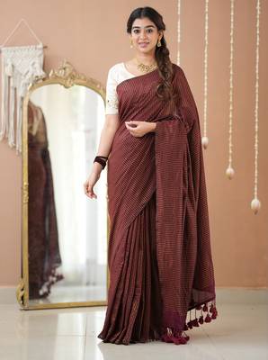 wine stripe cotton saree designer work blouse 4