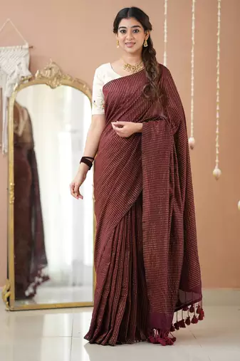 wine stripe cotton saree designer work blouse