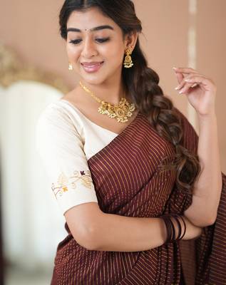 wine stripe cotton saree designer work blouse 5
