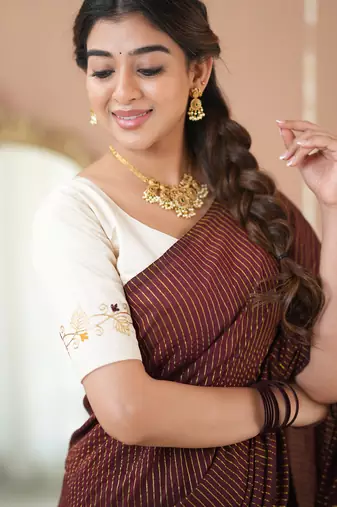 wine stripe cotton saree designer work blouse