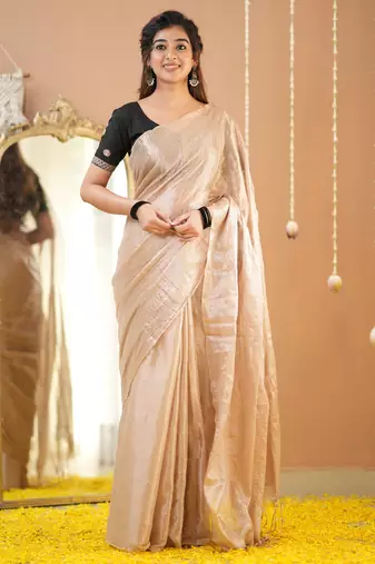 beige handloom tissue saree with designer blouse