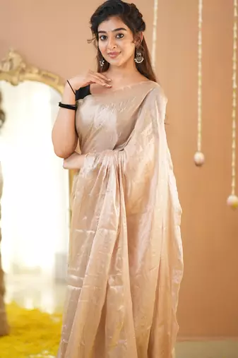 beige handloom tissue saree with designer blouse