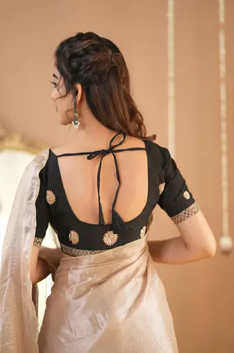 beige handloom tissue saree with designer blouse