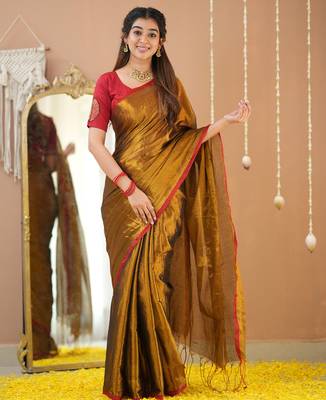 gold handloom tissue saree with designer blouse 1